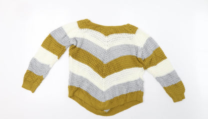 Back view of quix women’s yellow striped pullover sweatshirt, size M