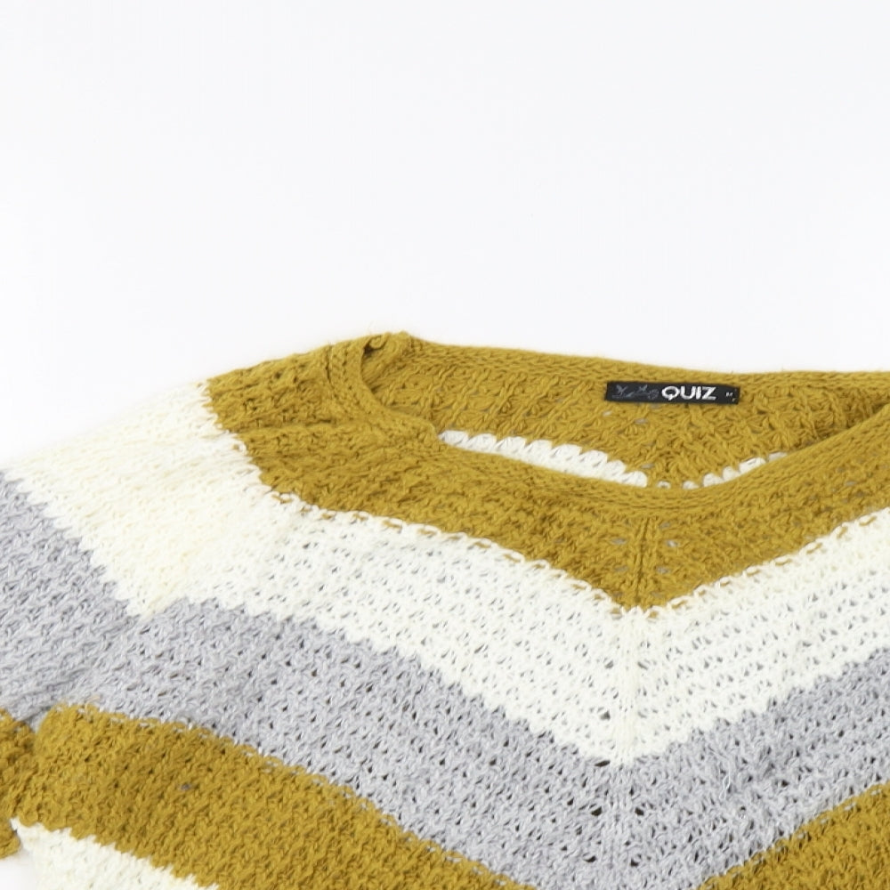 Close-up detail of quix women’s yellow striped pullover sweatshirt, size M