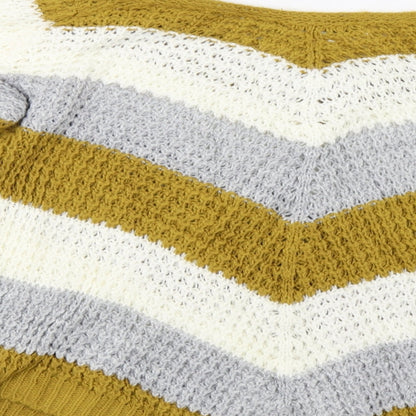 Brand and care label for quix women’s yellow striped pullover sweatshirt, size M