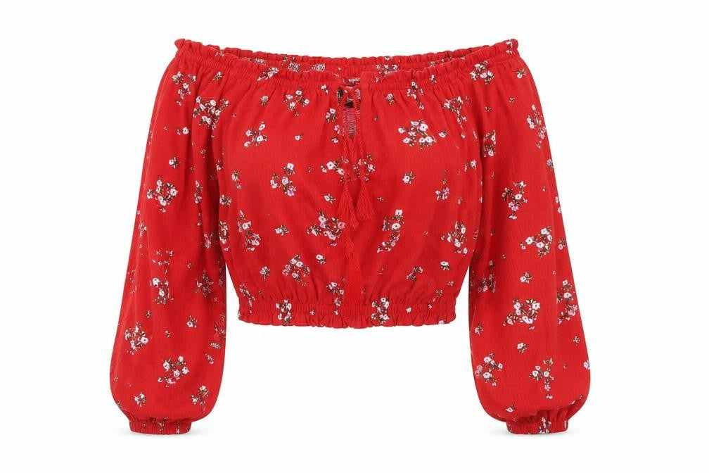Front view of H&M women’s red floral cropped blouse, size XS