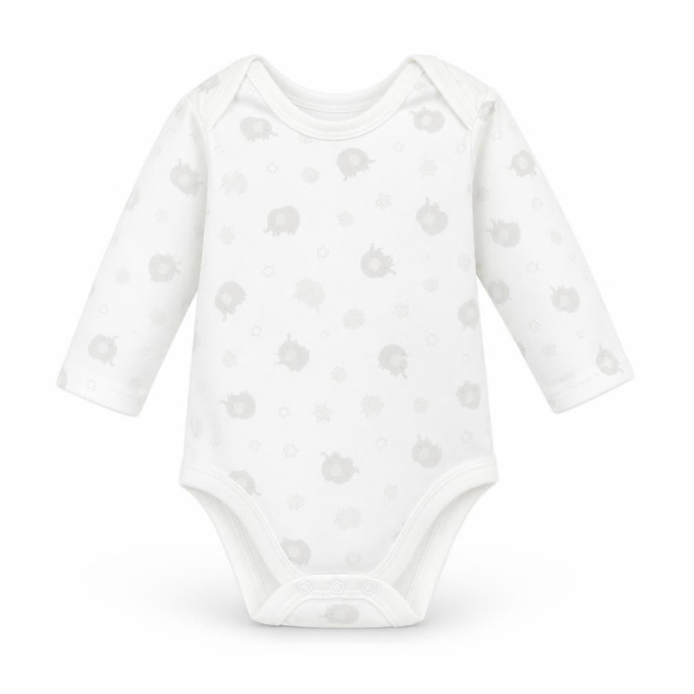 Front view of Nutmeg Baby White Geometric Babygrow One-Piece, size 6-9, Months