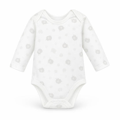 Front view of Nutmeg Baby White Geometric Babygrow One-Piece, size 6-9, Months