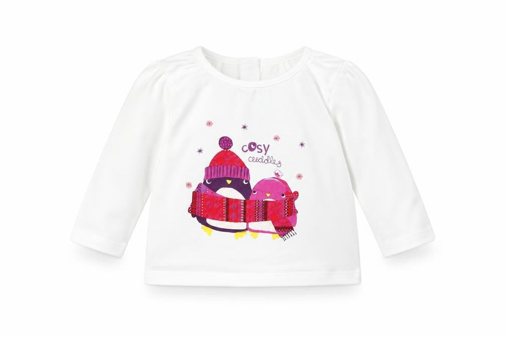 Front view of Mini Club girls’ white geometric basic t-shirt, size 3-6, months