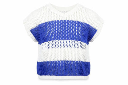 Front view of united of colurs girls’ multicoloured striped jumper, size 8-9, years