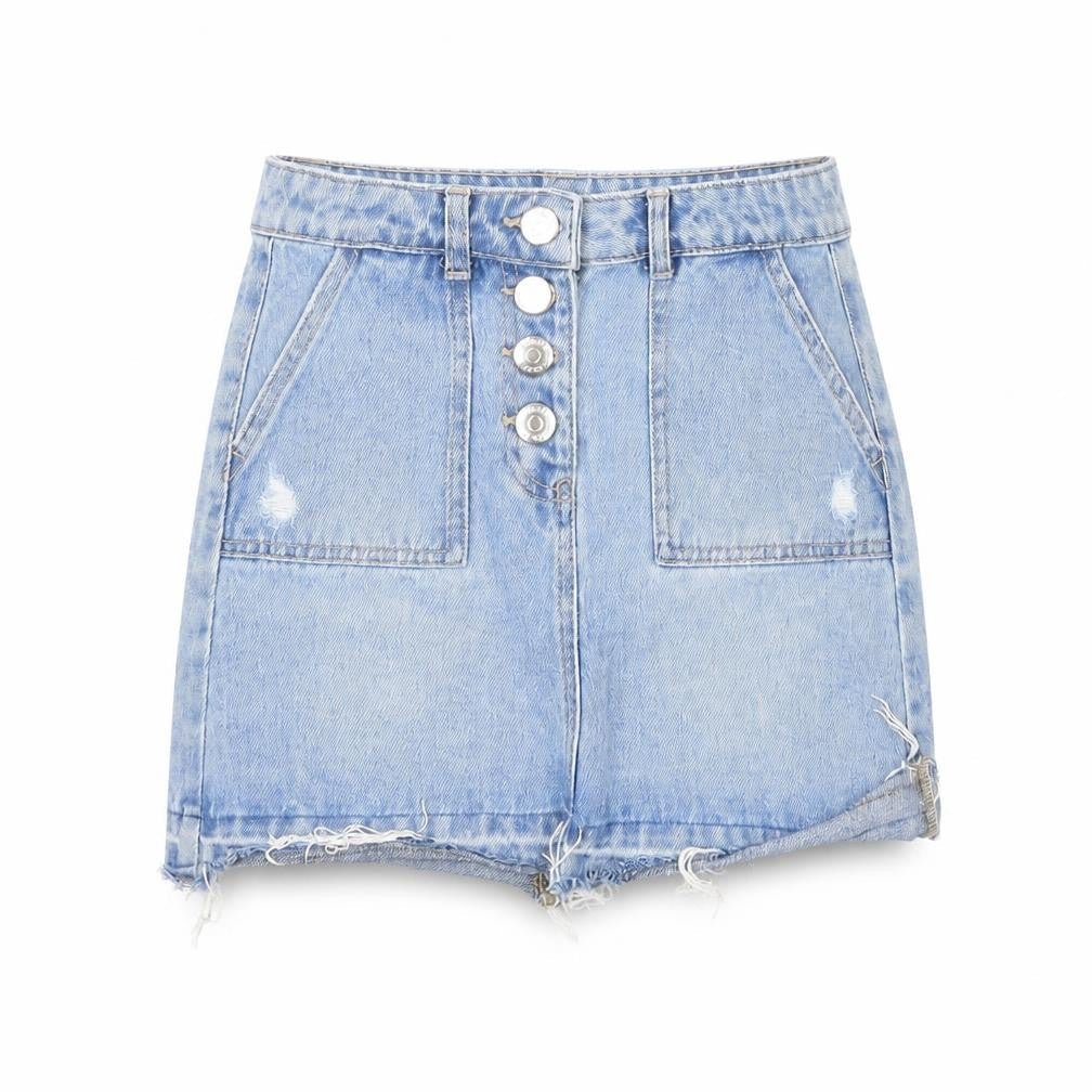 Front view of Candy Couture girls’ blue denim mini skirt, size 9, years