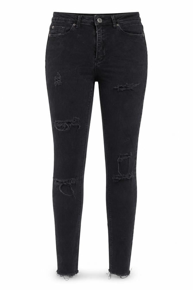 Front view of Missguided women’s black denim skinny jeans, size UK 6, 29-inch leg
