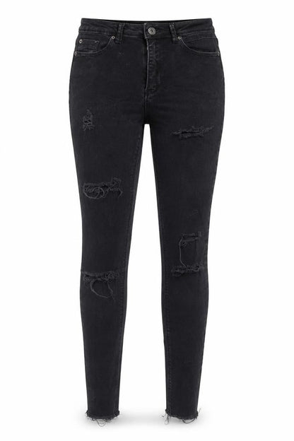Front view of Missguided women’s black denim skinny jeans, size UK 6, 29-inch leg