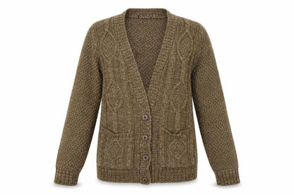 Front view of Preworn women’s brown cardigan jumper, size S