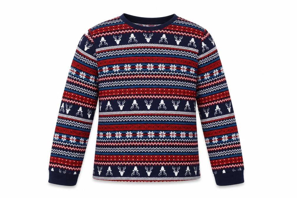 Front view of F&F girls’ red fair isle top pyjama top, size 9-10, years