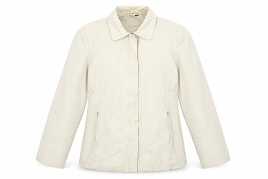Front view of NuAge women’s beige jacket, size UK 12