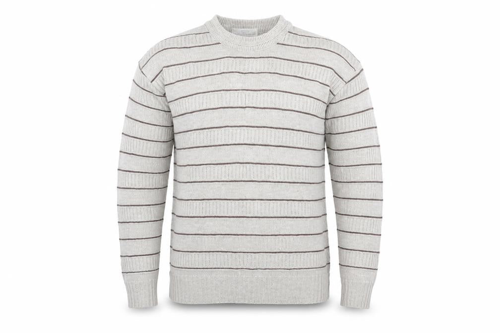 Front view of Marks & Spencer men’s beige striped jumper, size M