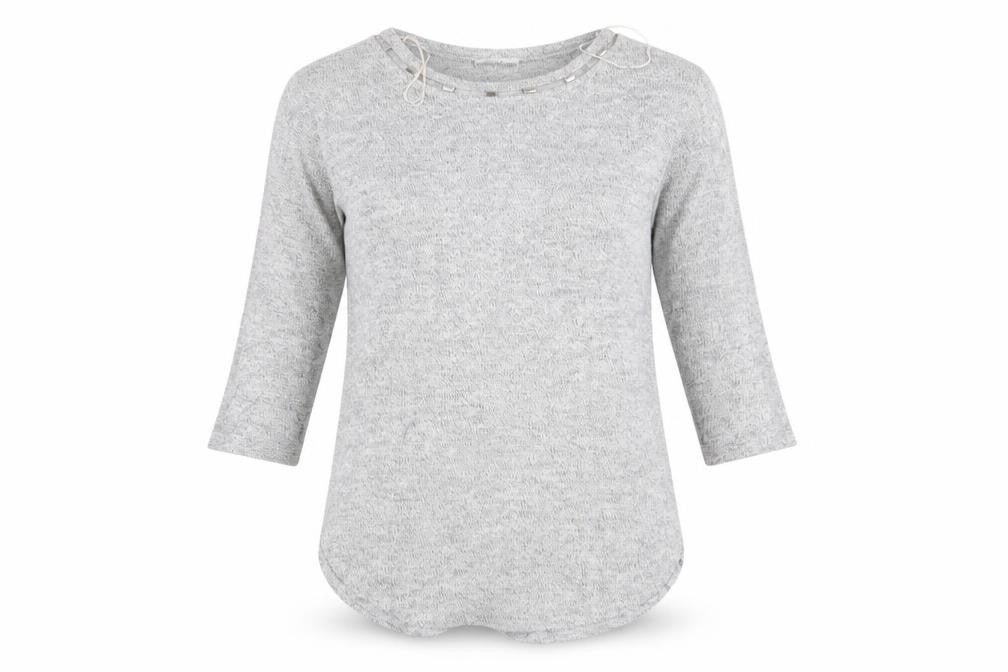 Front view of Papaya women’s grey jumper, size S, - detail neck