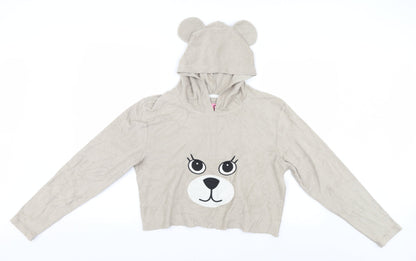 Front view of Adore women’s beige pullover hoodie - bear