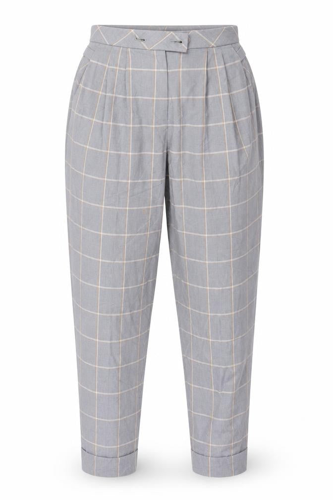 Front view of Topshop women’s grey plaid trousers, size UK 6, 27-inch leg
