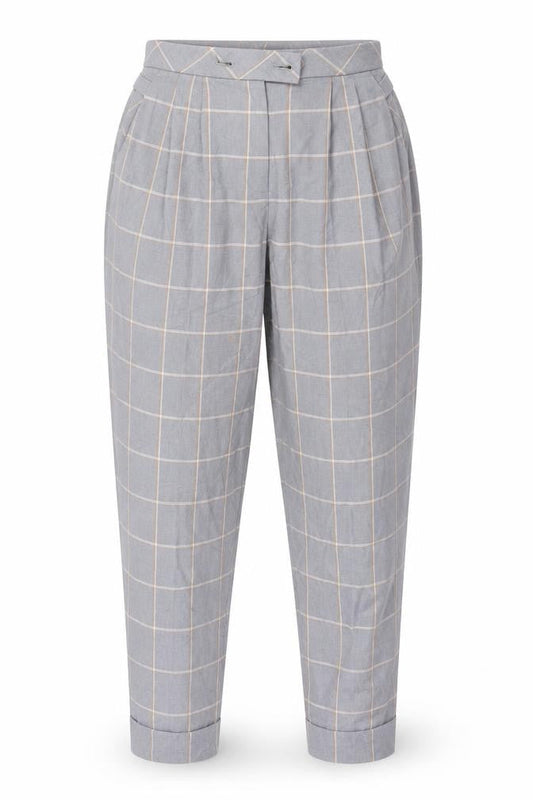 Front view of Topshop women’s grey plaid trousers, size UK 6, 27-inch leg