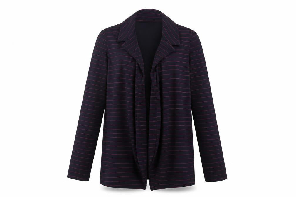 Front view of Preworn women’s black striped overcoat coatigan, size UK 12