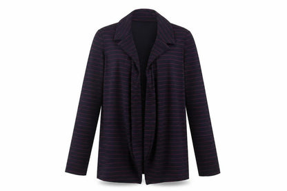 Front view of Preworn women’s black striped overcoat coatigan, size UK 12
