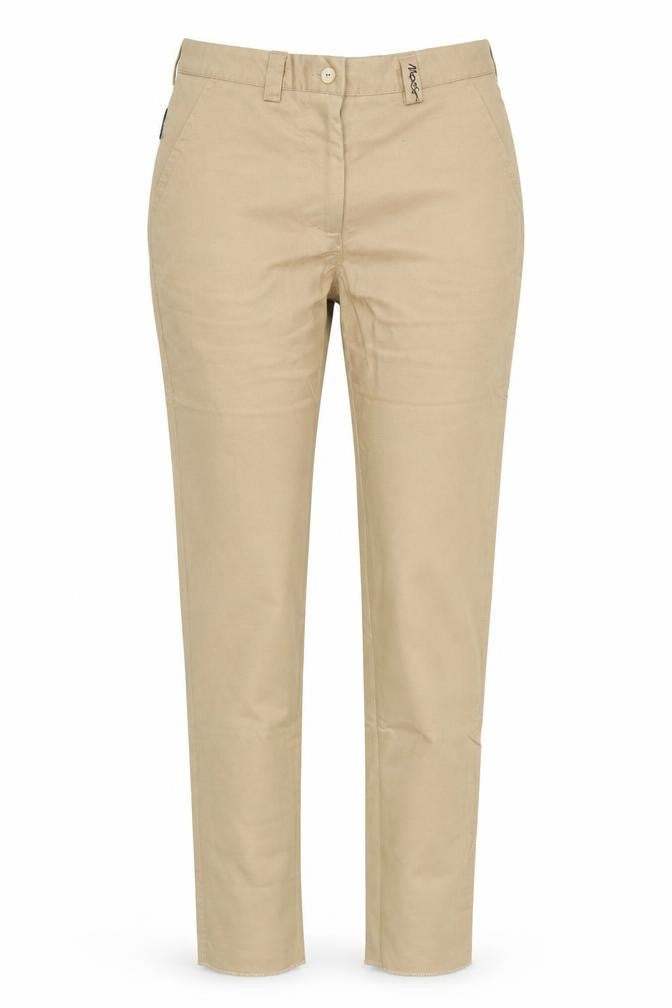 Front view of Moose Golf Clothing women’s beige chino trousers, size UK 8, 33-inch leg