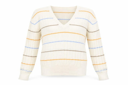 Front view of Marks & Spencer women’s beige striped jumper, size L