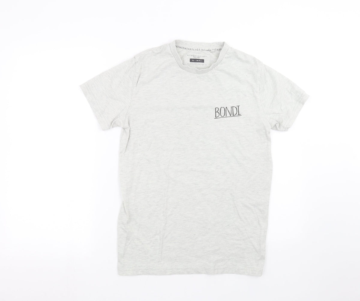 Front view of Between The Flags men’s grey t-shirt, size XS