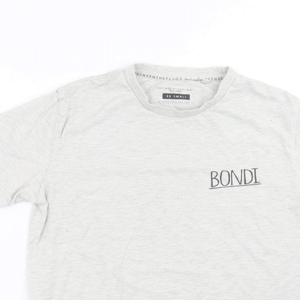 Close-up detail of Between The Flags men’s grey t-shirt, size XS