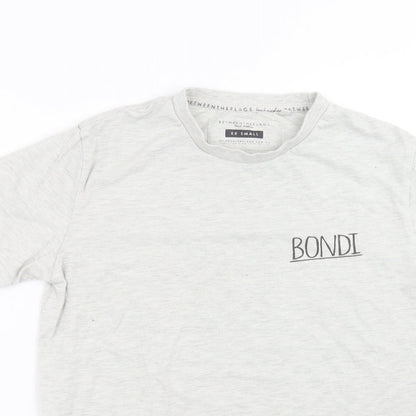 Close-up detail of Between The Flags men’s grey t-shirt, size XS