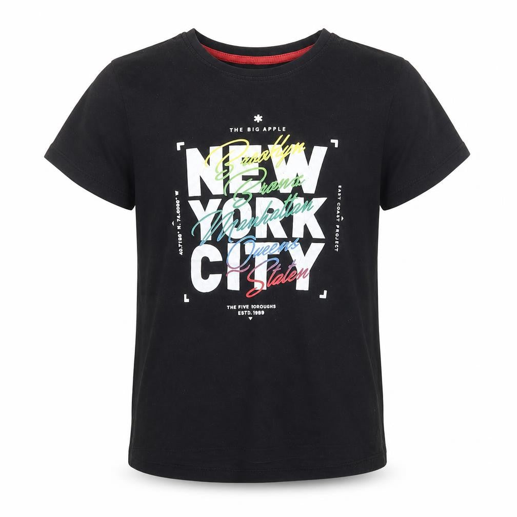 Front view of Primark girls’ black basic t-shirt, size 8-9, years - new york city