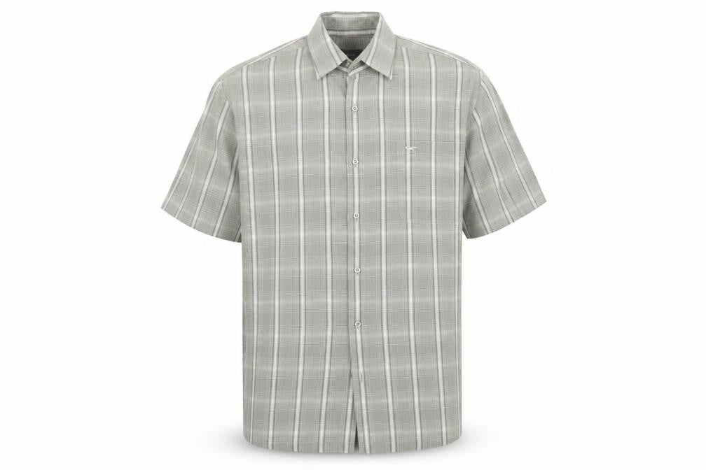 Front view of Wolsey men’s green plaid button-up, size L, - grey / green