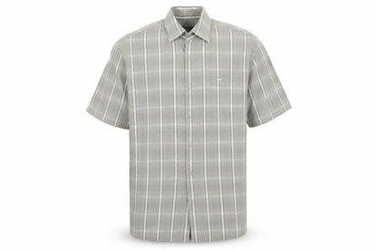 Front view of Wolsey men’s green plaid button-up, size L, - grey / green