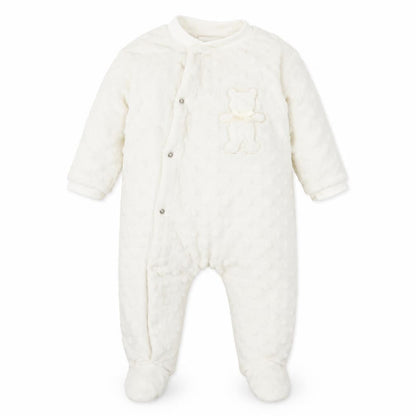 Front view of kyle&deena girls’ white coverall outfit/set, size 6-9, months