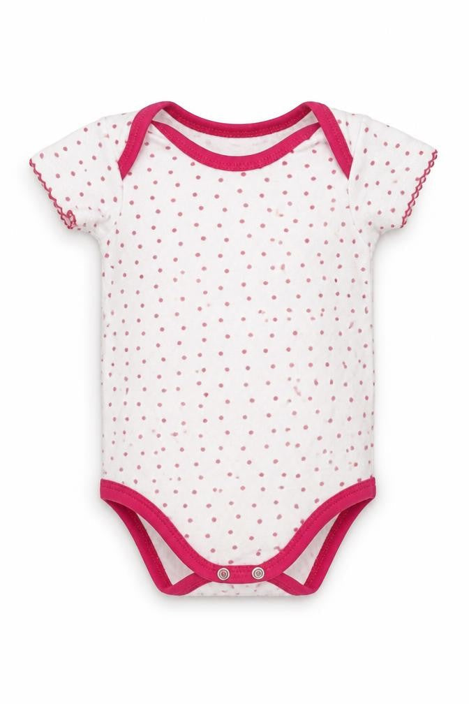 Front view of Mini Moi girls’ pink polka dot babygrow one-piece, size 3-6, months