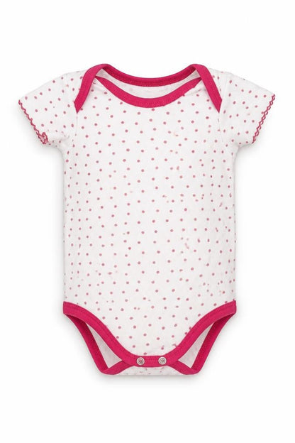 Front view of Mini Moi girls’ pink polka dot babygrow one-piece, size 3-6, months
