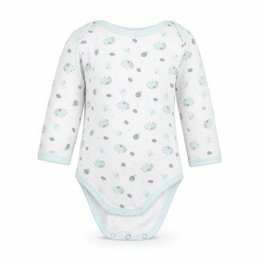 Front view of Preworn Baby Blue Geometric Babygrow One-Piece, size 3-6, Months