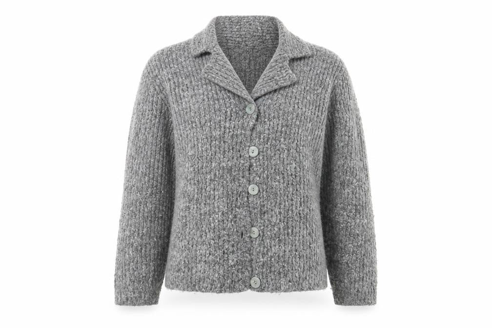 Front view of Marks & Spencer women’s grey knit cape jumper, size UK 12