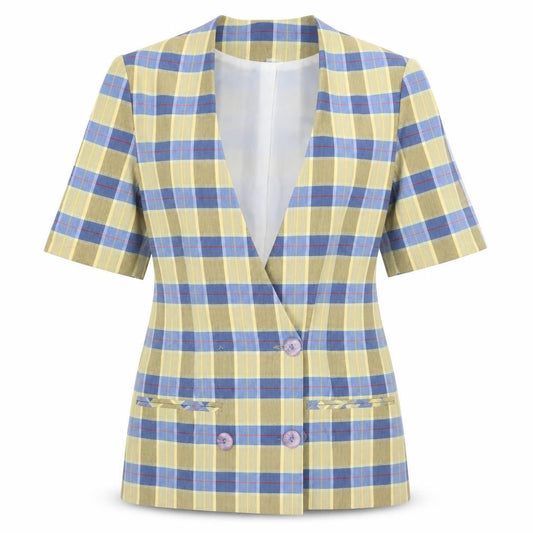 Front view of Preworn women’s yellow check jacket, size UK 10
