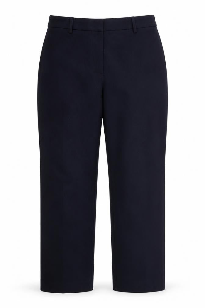Front view of Preworn women’s blue trousers, size UK 32, in, 26-inch leg