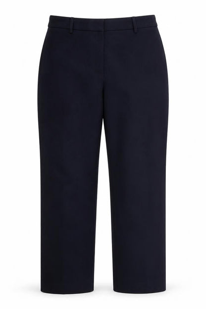 Front view of Preworn women’s blue trousers, size UK 32, in, 26-inch leg