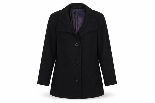 Front view of Marcona women’s black overcoat coat, size UK 16