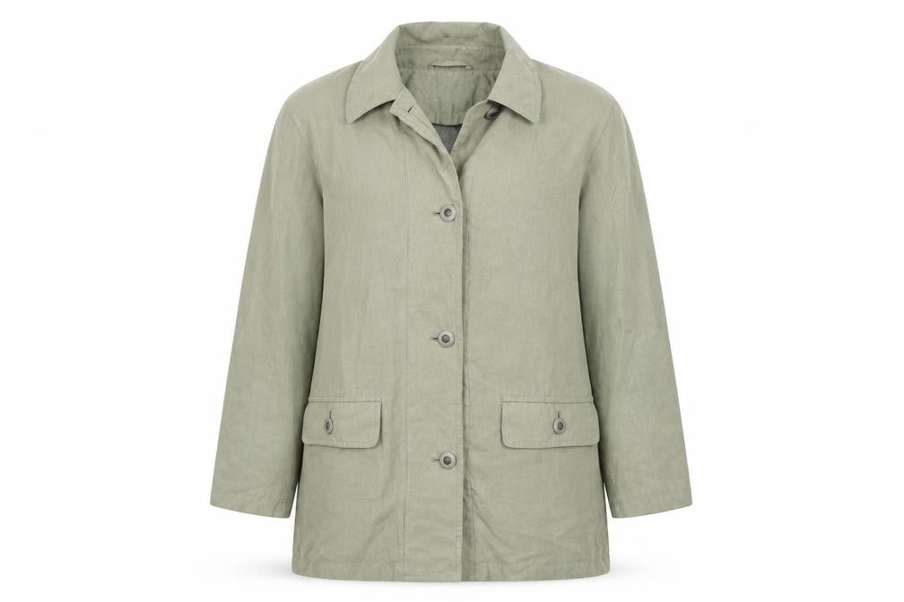 Front view of Preworn women’s green overcoat coat, size UK 12