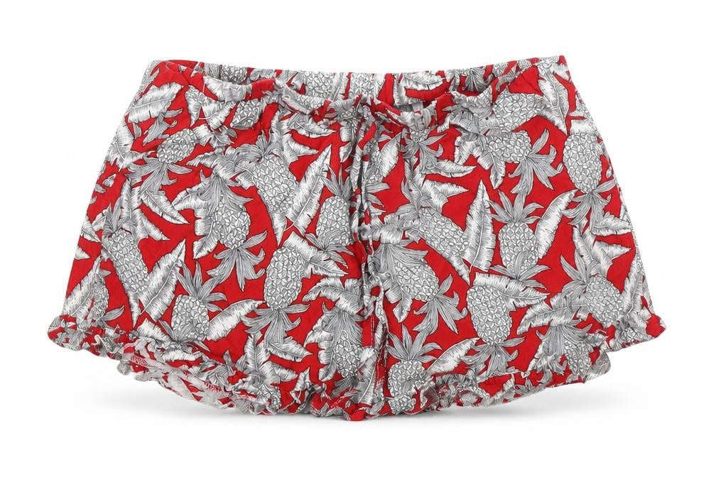 Front view of Lola May women’s red floral hot pants shorts, size UK 8