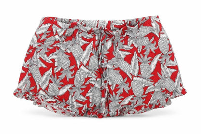 Front view of Lola May women’s red floral hot pants shorts, size UK 8