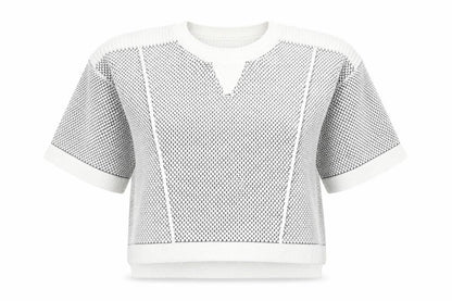 Front view of Marks & Spencer women’s white polka dot knit jumper, size UK 14, - cropped