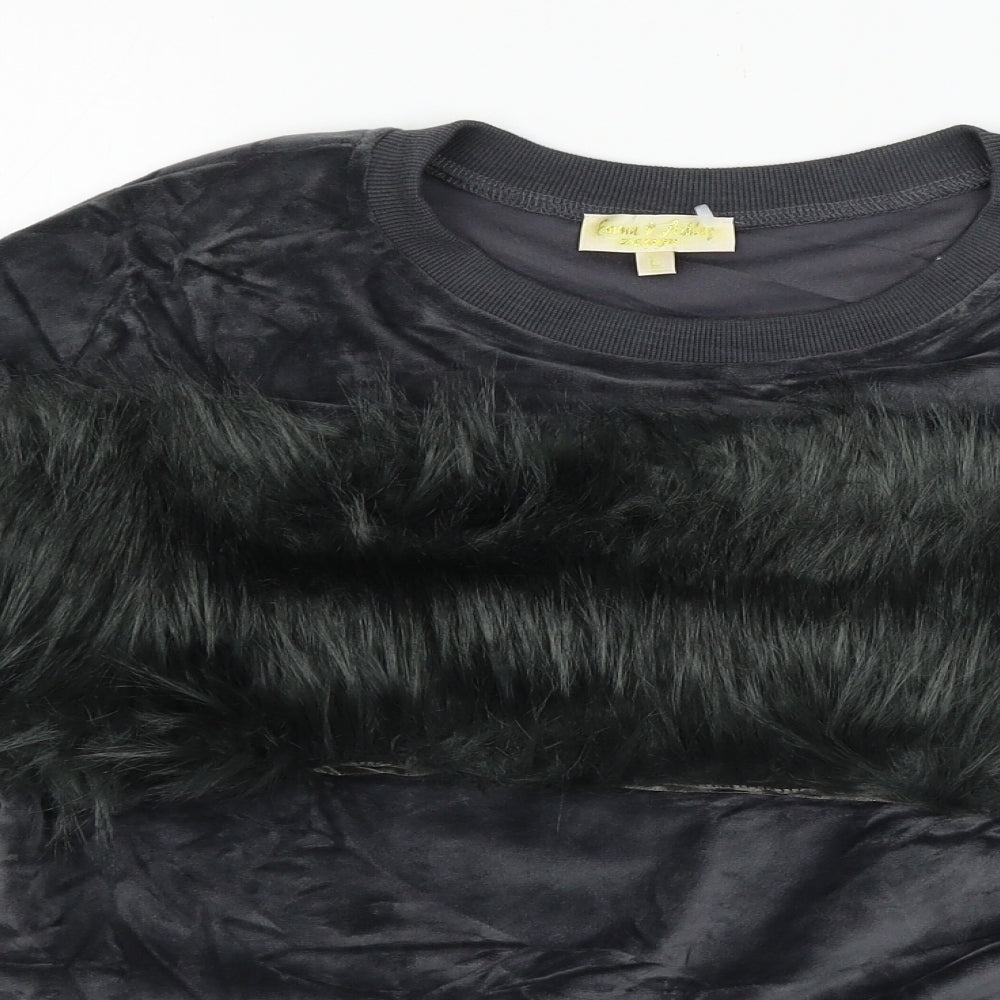 Emma & Ashley Womens Grey  Velour Pullover Sweatshirt Size L  - Faux Fur