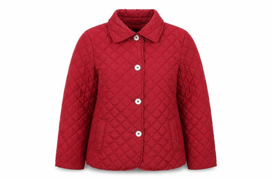 Front view of YBC women’s red quilted jacket, size S