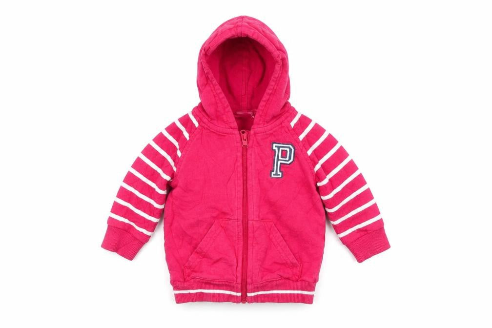 Front view of Polarn O. Pyret boys’ red striped full zip jumper, size 0-3, months