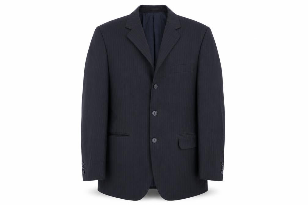 Front view of Burton men’s blue striped jacket blazer, size 38