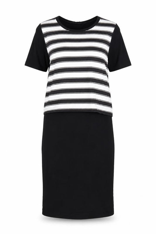 Front view of Innocence women’s black striped t-shirt dress, size UK 8