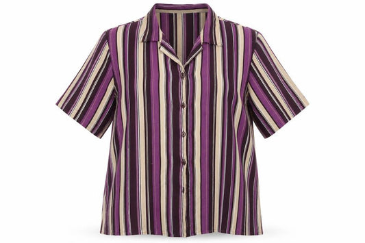 Front view of Burktex women’s purple striped basic button-up, size UK 16