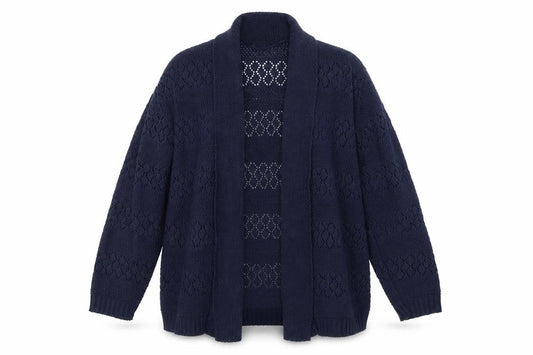 Front view of Pure & Natural women’s blue cardigan jumper, size L