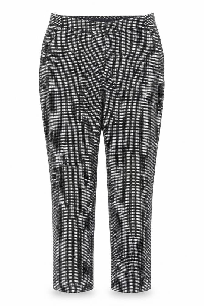 Front view of Marks & Spencer women’s black geometric trousers, size UK 12, 29-inch leg